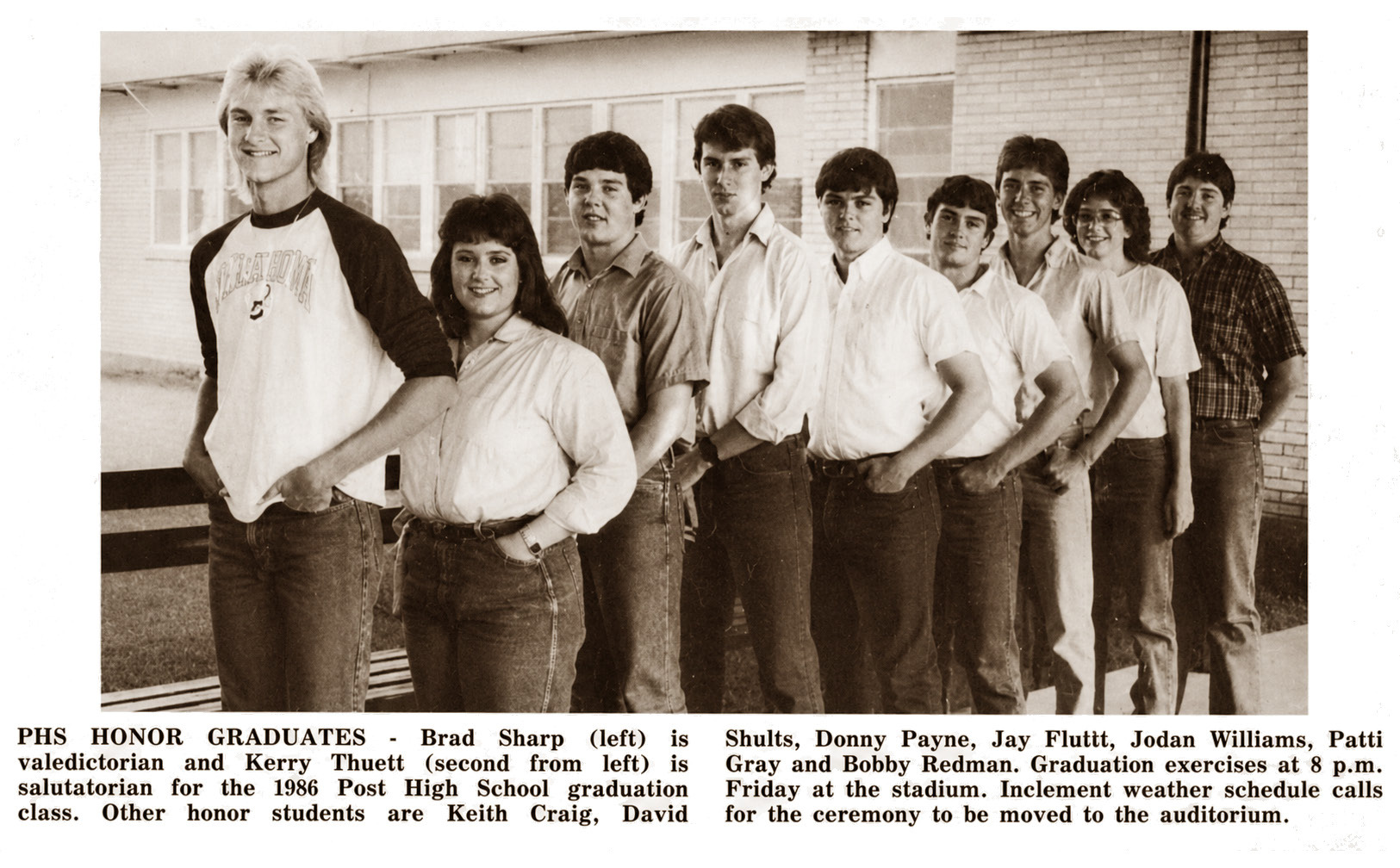 HONOR GRADUATES Brad Sharp (left), Kerry Thuett (second from left) and fellow Post High School honor graduates posed ahead of the 1986 commencement ceremony in Post. Sharp was named valedictorian and Thuett served as salutatorian for the graduating class. | POST DISPATCH