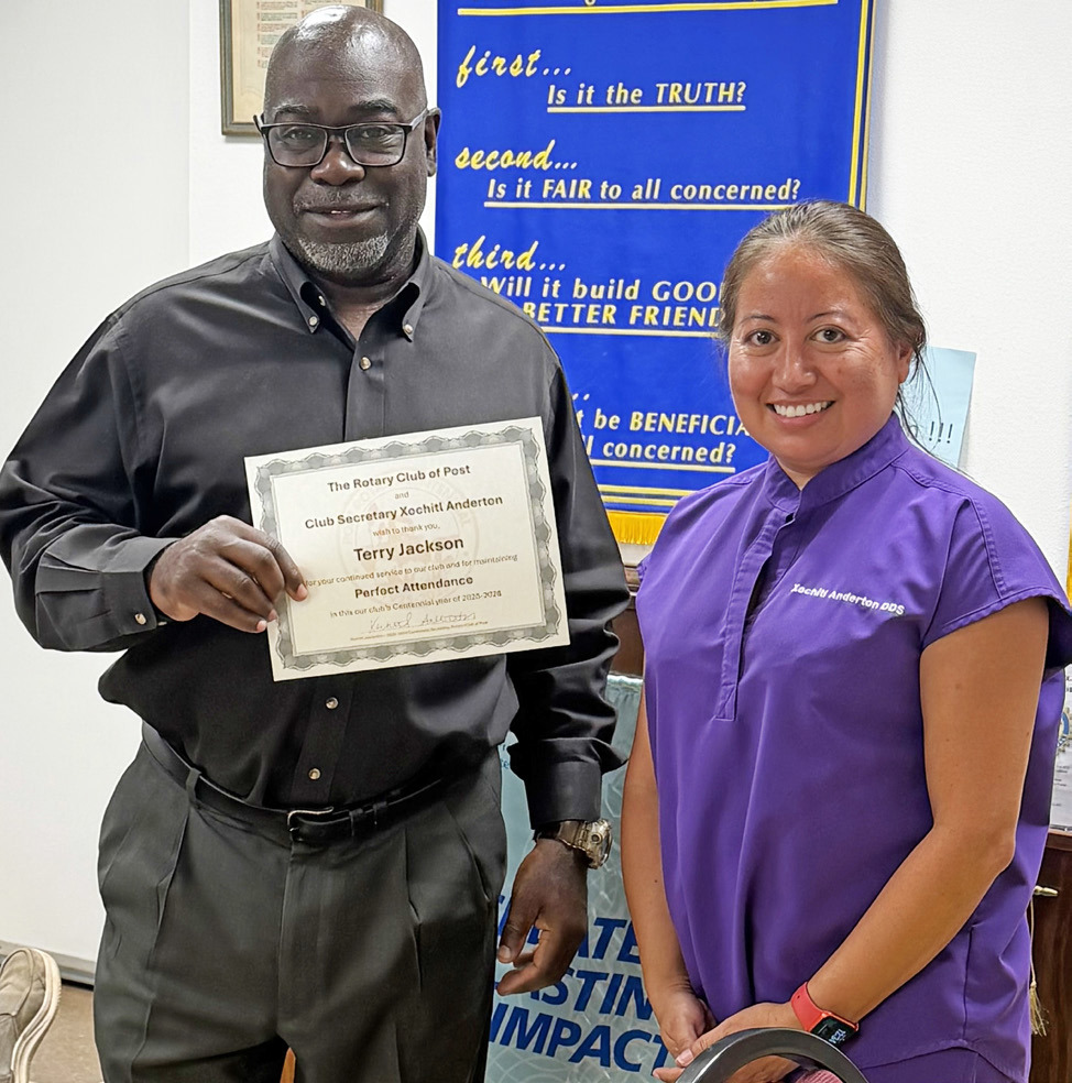 PERFECT ATTENDANCE Terry Jackson (left) received the Post Texas Rotary Club’s Perfect Attendance Award from Xochitl Anderton during a recent club meeting in recognition of his outstanding attendance. | STEPHANIE ALLEN