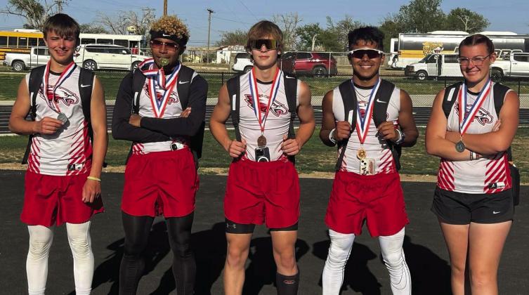 Southland ISD had five students qualify for the 1-A Region 1 Regional Track Meet held in Levelland at South Plains College on April 28 and 29. Standing left to right, Spencer McMahan – Pole Vault (Fr); De’Angelo Humphries (Jr)-100-meter dash and 200-meter dash; Bryson Nelson (Jr)- Pole Vault; Caleb Sanchez (Fr) - Triple Jump; Audrey Lee (Fr)- Discus. Photo Provided
