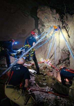 RESCUE RIGGING Lubbock Fire Rescue personnel used a specialized rigging system during the rescue of a juvenile trapped in a collapsed cave near the public campsites at Lake Alan Henry on Sept. 18. | COURTESY PHOTO