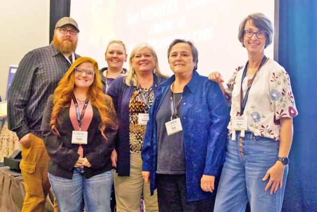 TEAMWORK characterizes the work across multiple communities of the 10 counties covered by Paragraph Ranch Media’s five award-winning weekly newspapers. At last week’s Texas Press Association annual convention in Denton, from left: Paul Gibson, Kodie Saul, Anna Gibson, Barbara Brannon, Kay Ellington, Sheri Baty. | COURTESY PHOTO