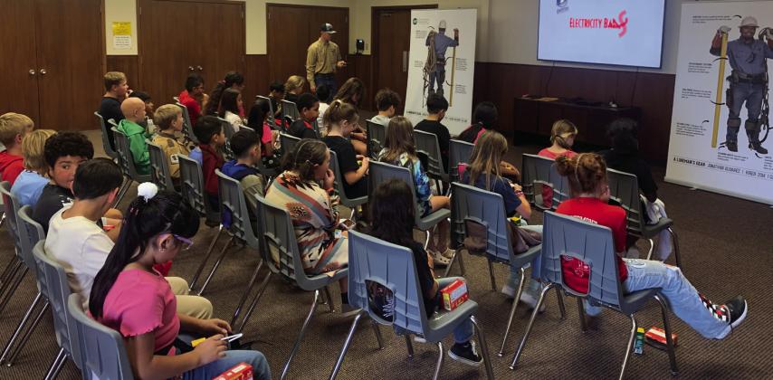 LEARNING VIDEOS A class of enthusiastic learners, watch safe ways of dealing with electricity at home. Presented by a South Plains Electric Company employee. | ANNA GIBSON PHOTO