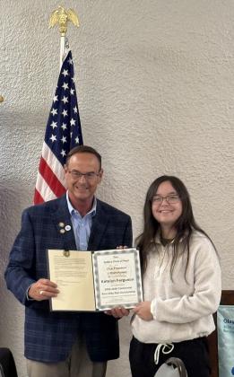 SCHOLARSHIP AWARD Post Texas Rotary Club President Rhett Parker presented the 2026 Rotary Scholarship to Post High School Valedictorian Katelyn Ferguson during the club’s officer induction banquet June 16. | COURTESY PHOTO