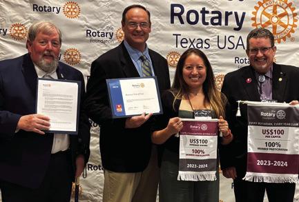 CLUB AWARDS Post Rotarians hold awards that were received at the 2025 District Conference. Pictured from the left, Lynn Simpson, Club President; Rhett Parker, President-Elect; Xochitl Anderton, Immediate Past President; and Chris Atkinson, Club Foundation Chairman. | COURTESY PHOTO