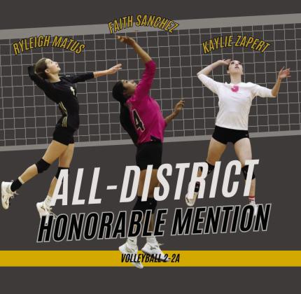 ALL-DISTRICT All-District Honorable Mention honors went to Ryleigh Matus, Faith Sanchez, and Kaylie Zapert. Academic All-District were Faith Sanchez, Ryleigh Matus, Kaylie Zapert, Alex Hernandez, Shaylee Pope, Nyrah Soto, Hanna Krauser, Serenity Sanchez, Adriana Rangel Karmon Mullins. | COURTESY GRAPHICS