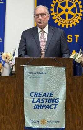 LOCAL HISTORY Garza County Judge Lee Norman spoke during the Post Rotary Club’s June 23 luncheon, sharing stories from the 1980 book “Wagon Wheels: A History of Garza County, Texas.” | STEPHANIE ALLEN