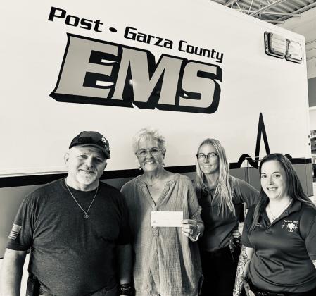 COMMUNITY INVESTMENT Amity president Nancy Thuett and secretary Carol Williams presented a donation to Post-Garza EMS. Rodney Tidwell, Summer Hadderton and Meagan Pantuso accepted the contribution during a recent presentation. | COURTESY PHOTO