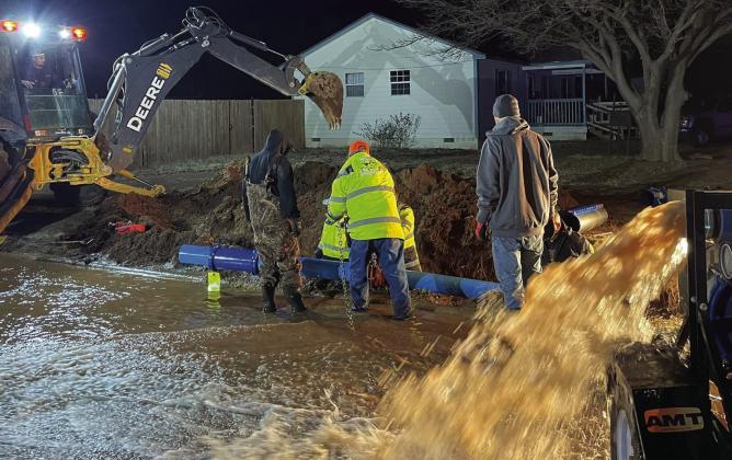 City of Post crews worked diligently to repair a water leak that required cutting off water from the White River storage tank losing all water in the lines. Photo Provided