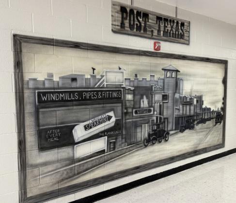 INSIDE THE FACILITY murals such as this one depict aspects of local history and life, such as the heritage of Post. The facility’s gym, for instance, features brightly colored representations of basketball figures. | TDCJ PHOTO