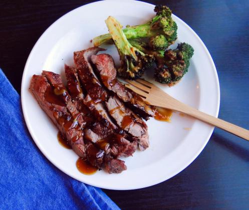 OVER CHARCOAL OR GAS Whether you grill with charcoal or gas, this meal will grill up beautifully. The marinade is a teriyakistyle sauce and is also a tasty basting sauce for the broccoli. | ANGELINA LaRUE PHOTO