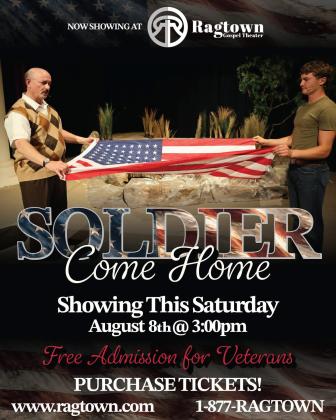 HONORING SERVICE Two generations hold the American flag during a scene from Ragtown Gospel Theater’s Soldier Come Home, which continues with a 3 p.m. performance Saturday and honors veterans through a story of healing, faith and sacrifice. | COURTESY PHOTO