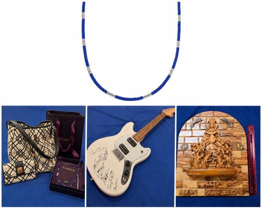 AUCTION ITEMS Featured items for the Community Recovery Center’s 20th annual fundraiser include a Caviar beaded ceramic necklace, a Spartina bag and clutch, a Lagos necklace, an autographed guitar and a hand-carved nativity scene. | COURTESY PHOTOS