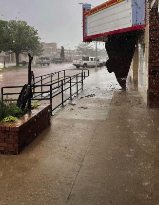 Tower Theater had damage to the marquee awning from the downpour last week. Owners Mike and Dana Holly said that was the only damage to the theater Photo Provided
