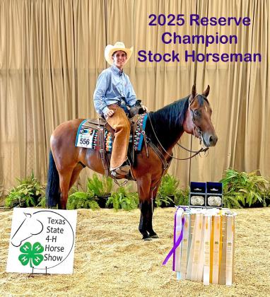 Right: Kasen Wink with his award ribbons and buckles for Reserve Champion Stock Horsemen and 1st place in Horse Trail