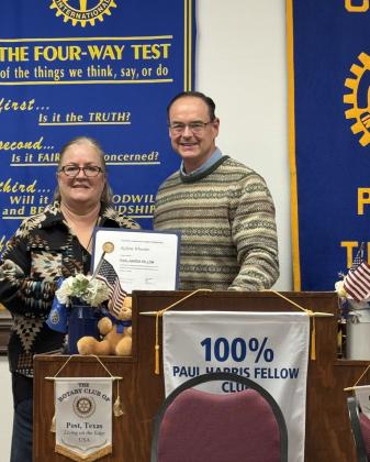 WHEELER RECOGNIZED Kylene Wheeler received her Rotary Paul Harris Fellow commendation from club president Rhett Parker. | COURTESY PHOTO