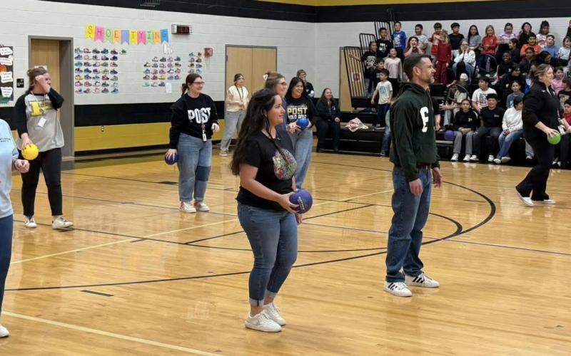 TEACHERS AND STUDENTS at Post Elementary School took part in a staff-versus-second-grade dodgeball game during the Kids Heart Challenge event. | COURTESY PHOTOS