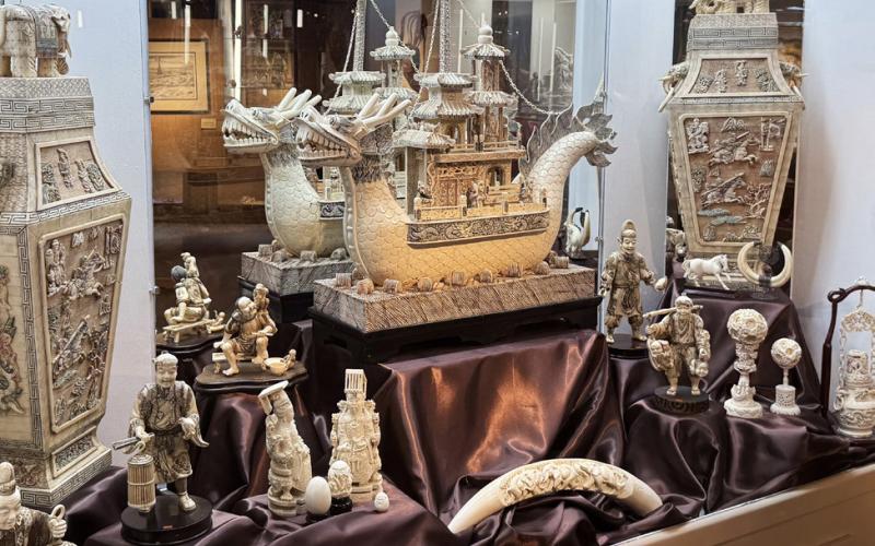 IVORY FROM AROUND THE GLOBE Detailed ivory figures from China, Japan and Africa are displayed in Exhibit No. 5 at the OS Museum.