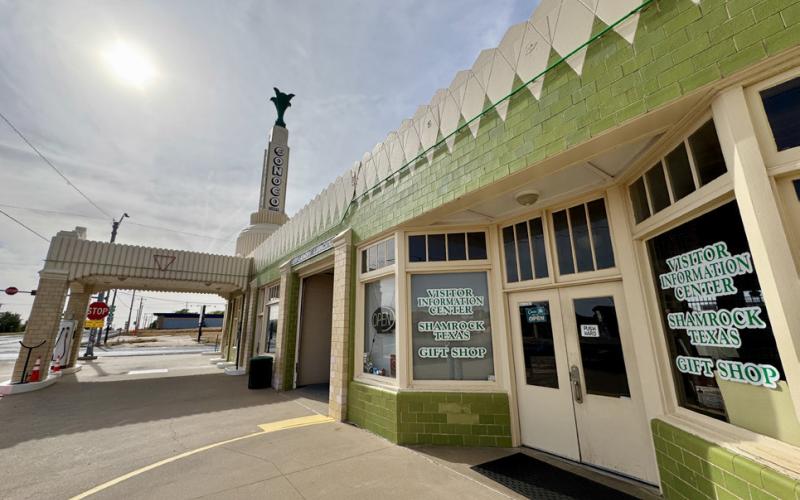 RESTORED IN 2003 with bright green and red neon-light accents, the U-Drop Inn / Conoco Tower in Shamrock, Texas, turns 90 years old this year.