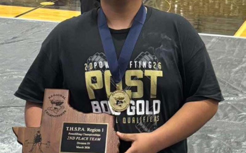 POST HIGH SCHOOL’S Olegario Gomez II competes in the regional powerlifting meet Saturday in Post. Gomez won the regional championship in the super heavyweight class, earning a spot at the state powerlifting meet. | COURTESY PHOTO