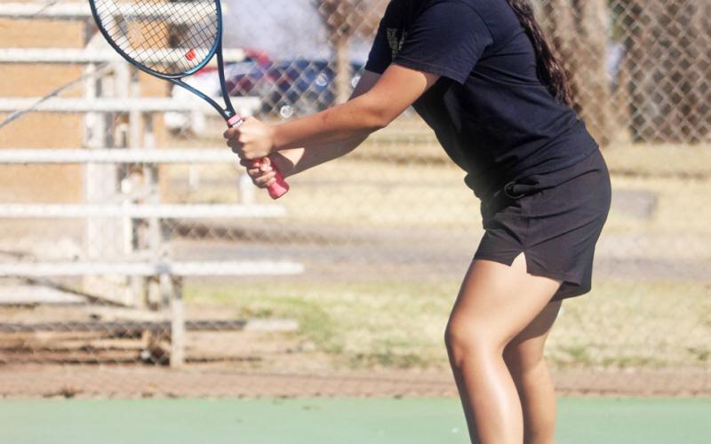 Lady Lope Nevaya “Yaya” Segura prepares to defend a return during a match at South Plains College in Levelland. | COURTESY PHOTO