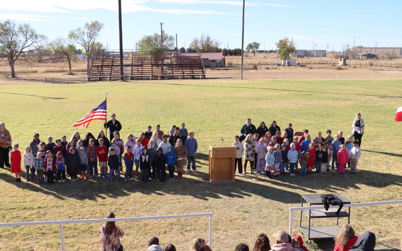 LAST NOVEMBER Southland ISD elementary students and teachers gathered on the rural school’s football field for the annual Veterans Day program, honoring local service members. | COURTESY PHOTO