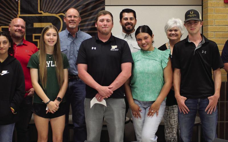 Post ISD School Board honored the students and teachers of the month for May. Front row from left to right are Jax Perez, 7th grade, Rahaf Alomari, 6th grade, Paylan Norman, 8th grade, Coach Cody Dean, Malaia Saucedo, 9th grade, and Caden Hawkins, 10th grade. Back row are the trustees, Jett Lott, Joe Don Schoonover, Drew Kirkpatrick, Kris Hernandez, Nancy McDonald, Rick Tadlock, and Chelsey Webb. Those not present were Tonya Dunn, Zaran Kirkpatrick, 11th grade, and Steve Gonzales, 12th grade.