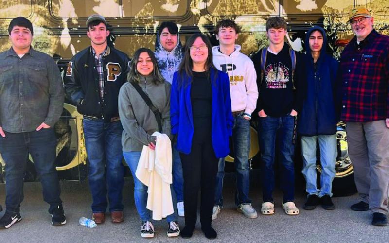 Competing at regional competition this past weekend back row left to right are Angel DeLuna, Steve Gonzales, Gabe Perez, Max Cole, Kaden Mock, Samuel Hernandez. And Band Director Ara Rathbu. Front row, Abee Guevera and Kaitlyn Ferguson. Photo Provided