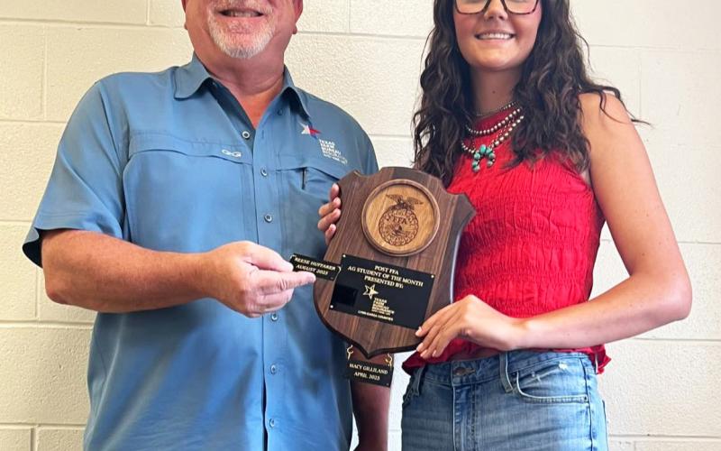 Texas Farm Bureau Insurance recently named Reese Huffaker of Post FFA Ag Student of the Month; agent Ron Francis presented the award. | COURTESY PHOTO