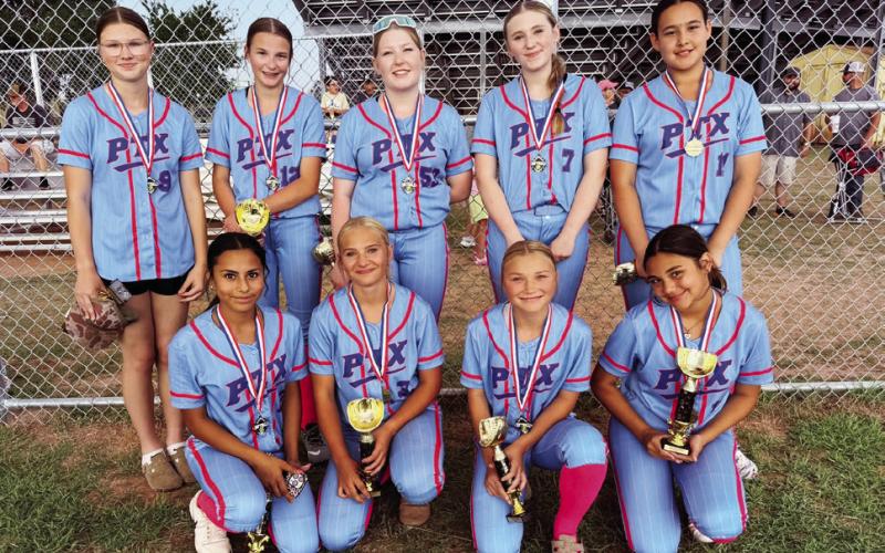JR SOFTBALL Back Row: Soffi Scott, Emmah Hewlett, Rein Howard, Olivia Peters, and Armani Zubia. Front Row: Malorie Garcia, Jaxx Lott, Stori Scott, Kaley Yarbrough, and (not pictured) Rylee Hernandez. | COURTESY PHOTO