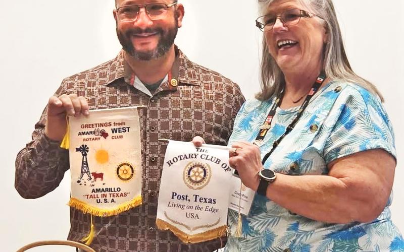 FELLOWSHIP IN ACTION Amarillo West Rotary Club President Cynthia Price, right, welcomed Post Rotary Club member Jesse Dixon March 20 along with other Post Rotarians Angela Dixon Chris Atkinson. The clubs exchanged banners and shared a program highlighting their experiences at PETS (President Elect Training Seminar) and the value of attending the training. | COURTESY PHOTO