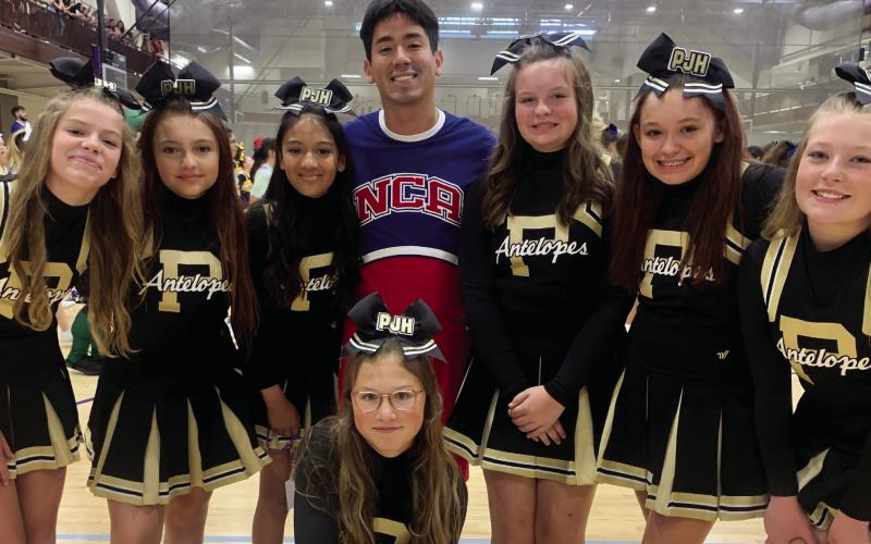 Post Junior High Cheerleaders attended the National Cheerleader Association camp at Tarleton State University in Stephenville last week. Standing left to right, Lanny Reister, Amelia Enriquez, Breanna Contreras, Adyson Parker, Kay Dance Zapeen, Rein Howard, and Soffi Scott kneeling in front. NCA instructor Chris is shown with the cheer team. Photo Provided