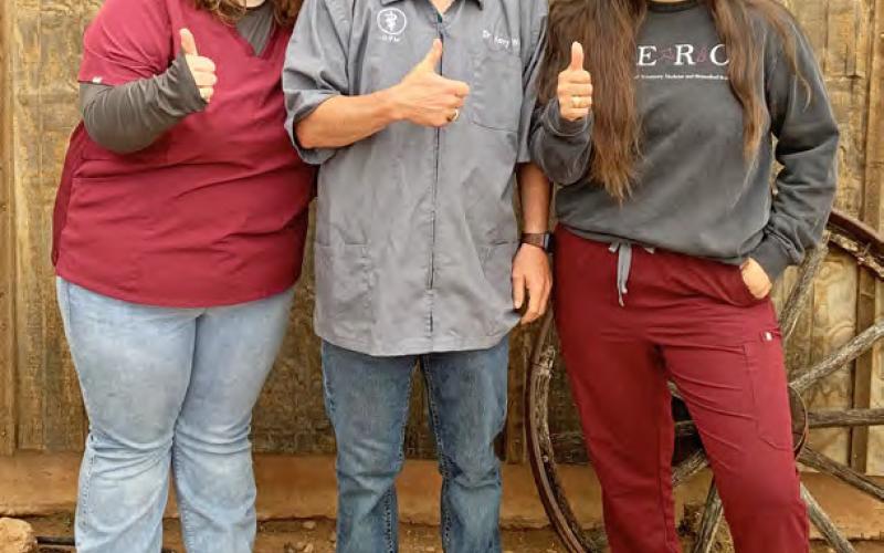 RURAL EXTERNSHIP Texas A&amp;amp;M Veterinary School students Racquel Rodriguez and Allie Walker spent two weeks learning in real-life situations with Dr. Kerry Wink of Post (center). | COURTESY PHOTO