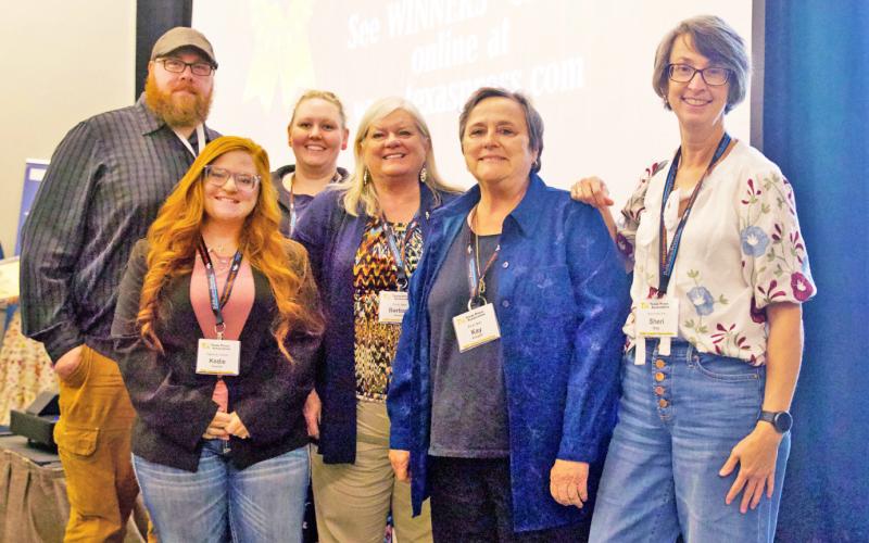 TEAMWORK characterizes the work across multiple communities of the 10 counties covered by Paragraph Ranch Media’s five award-winning weekly newspapers. At last week’s Texas Press Association annual convention in Denton, from left: Paul Gibson, Kodie Saul, Anna Gibson, Barbara Brannon, Kay Ellington, Sheri Baty. | COURTESY PHOTO