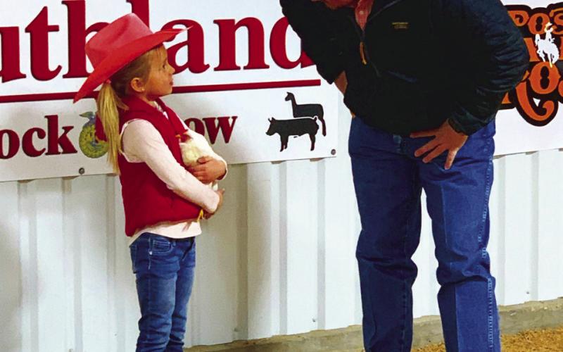 CHICKEN SHOW Pee-Wee Ellisyn Johnson opened the Southland Junior Livestock Show by showing her hen named King Bob last Saturday, Jan. 4. The Junior Livestock Show winners circle records and photos from both Southland and Post will be published in the Jan. 17 issue. | ANNA GIBSON PHOTO