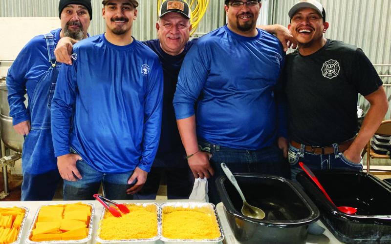 FIRE DEPARTMENT Post Volunteer Firemen pose for a moment before they serve up chili to the citizens of Garza County during their fundraiser on Saturday, Feb. 15. Left to right are Paul Perez, Sebastian Chapa, Jimmy Valdez, Stetson Cimental, and Bo Dean Hernandez. | ANNA GIBSON PHOTO