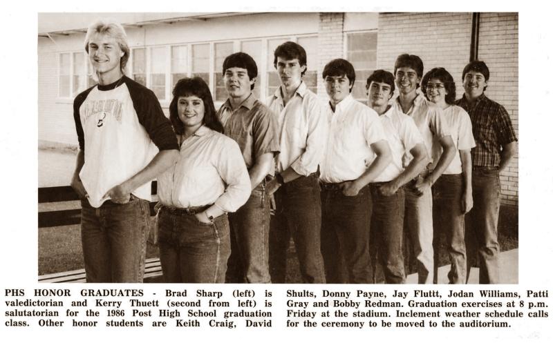 HONOR GRADUATES Brad Sharp (left), Kerry Thuett (second from left) and fellow Post High School honor graduates posed ahead of the 1986 commencement ceremony in Post. Sharp was named valedictorian and Thuett served as salutatorian for the graduating class. | POST DISPATCH