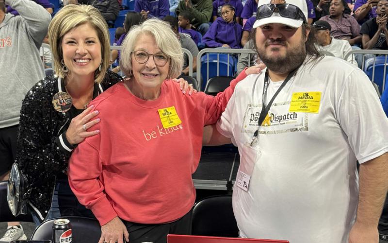 West Texas journalists Stephanie Allen (left), Sue Jane Sullivan (center) and Russ Morris were courtside in the press booth last Thursday for the UIL Division 1 State basketball championship matchups between Valley (first-time champions, winners 66-48) and Fayetteville, and Jayton (four-time, three consecutive champions, winners 78-45) and Kennard. Catch their coverage in The Texas Spur and The Caprock Courier this week. | COURTESY PHOTO