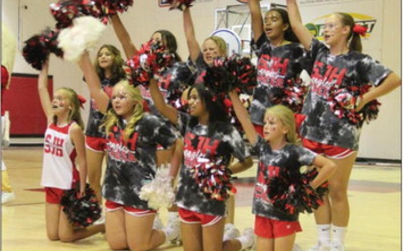 Cheering on the Southland Jr. High Eagles are first row, Riley McMahan, Ashlyn Wood, Jalysa Ward and Laramie Moore. Second row, Laticia Zuniga, Natalie Rodriguez, Brooklyn Hyndman, Katelyn Whitlow, and Kinley Moncrief. Addyson Valdez was unavailable for the photo. #AllSouthAllIn