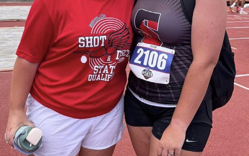 STATE SUCCESS Audrey Lee, Southland High School senior (right), and Coach Taelor Leiss took a moment for a photo before the UIL State track and field meet on Saturday, May 16, in Austin, where Lee competed in shot put and discus. | RUSS MORRIS