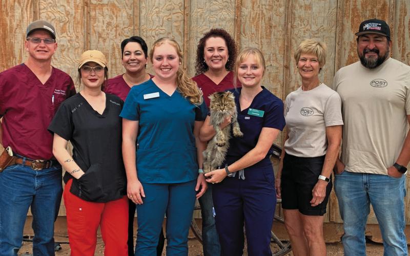 GOOD MORNING The Post Area Chamber of Commerce brought doughnuts to the Garza County Animal Hospital to welcome two Texas A&amp;amp;M students during their two weeks’ local residence for the Rural Veterinary Medicine Preclinical Externship Program. From left, Dr. Kerry Wink, Veronica Carroll, Kelsey Isbell, Alyssa Otto, Krisiti Wink, Laural Bailey, JoAnn Travis and Jamie Hernandez. | ANNA GIBSON