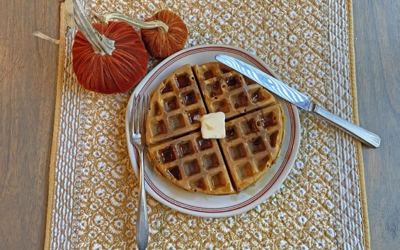 BRINNER WAFFLES Pumpkin spice waffles are warm, crispy and packed with nutritious superfoods. Made with pumpkin, cinnamon, whole grains and flaxseed, they are quick to prepare and versatile enough for breakfast, brunch or a cozy meal, especially with maple syrup and butter.| ANGELINA LARUE PHOTO