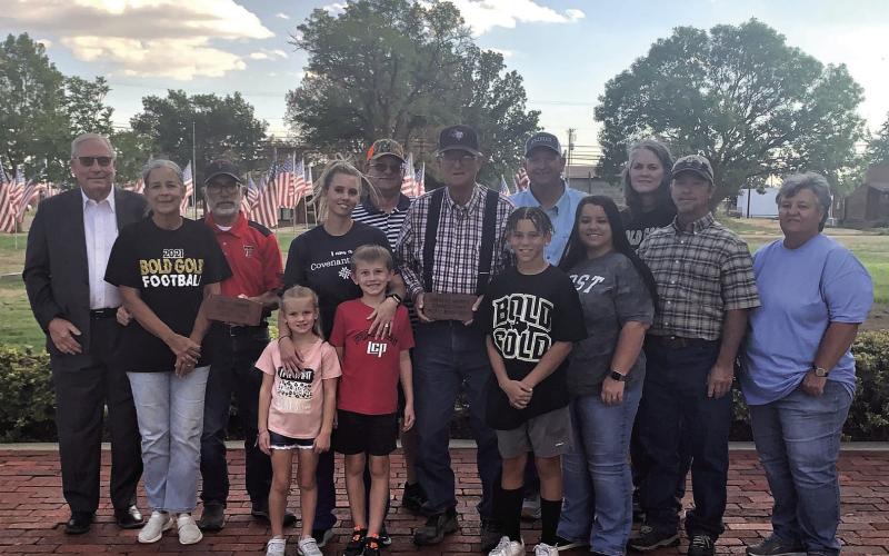 Brick laying was held Thursday, September 15 at the Garza County Courthouse for two elected officials of Garza County. Retired District and County Clerk, Jim Plummer with wife Janice Plummer. Outgoing Commissioner Charles Morris with his family members granddaughter Kayla Richardson with her two children Lacy and Logan Richardson, great-grandson Hayden Clay with his mother Brooke Morris, son, and wife Barry and Amy Morris. Back row are sons Tim Morris and Chuck and wife Christy Morris