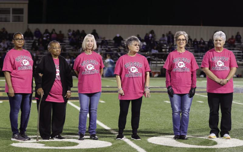 RECOGNITION Post ISD honored six breast cancer survivors during the Post - Tahoka 'Pink-Out' football game on Oct. 13. Survivors include left to right Jana Greathouse, Ella Greathouse, Marianne Hart, Debbie Epley, Tonya Rudd and Nancy McDonald. ABIGAIL RODRIGUEZ PHOTO