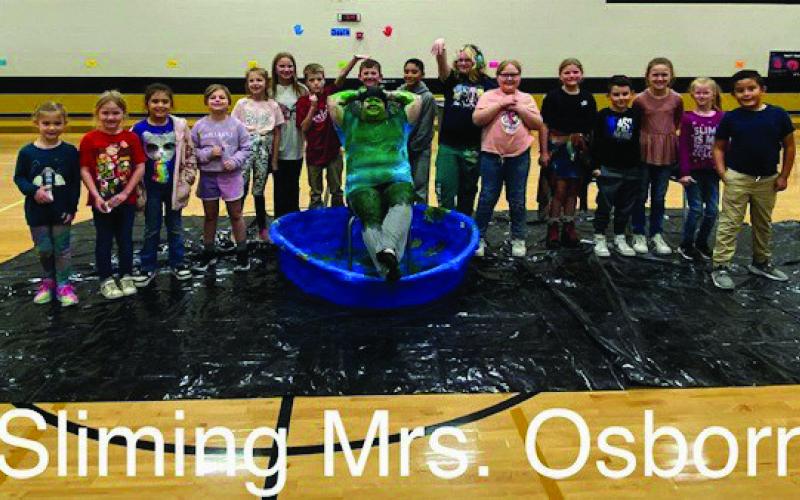 Students who collected $150 or more were allowed to Slime-A-Teacher. Fifth-grade teacher Crystal Osborn volunteered for the “job”. Students included: Sara Tadlock, Zoee Ray, Nixon Hernandez, Phoenix-Strawn-Cash, Adela Contreras, Caroline Windham, Annivaeh Crenshaw, Joseph Gallegos, Kacelyn Leake, Charles Cotton, Charlotte Windham, Jaxson Hernandez, Pariz Brothers, Lyncolnn Lott, Kye Bake, Jaxx Lott and Zoey Snider.