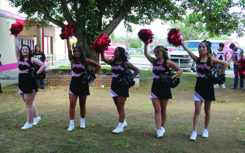Southland Varsity Cheer leaders along with the Eagle mascot keep the spirit alive during a recent pep rally. The cheer team includes Mascot--Audrey Lee (FR), Makaylee Green (SO), Lizzy Gonzales (FR), Jaleen Levario (SO), Trinity Arocha (SO), Kyleen Garcia (FR), and Natalie Macias (FR). Photo by Elizabeth Jackson