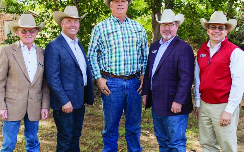 Pictured here, from left to right: John Welch (TX/CO) - Secretary/ Treasurer, Bedford Jones (Spur,TX) – Immediate Past President Frank McLelland (Tahoka, TX) – Vice-President, Mark Kirkpatrick (Post, TX) - President, and Jim Bret Campbell RHA Executive Director. Photo Provided