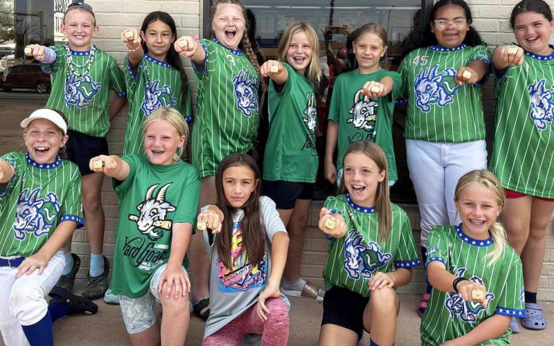 FASTPITCH SOFTBALL From left: Post 9/10 players Kahla Coghill, Ariella Collazo, Alizae Armendariz, Emily Araiza, Adela Contreras, Lyndi McClain, Sophia Gonzales, Rielee Soto, Phoenix Strawn-Cash, Morgan Tadlock, Sara Tadlock and Lyla Walkup took a trip to San Angelo for last week’s tournament. | COURTESY PHOTO