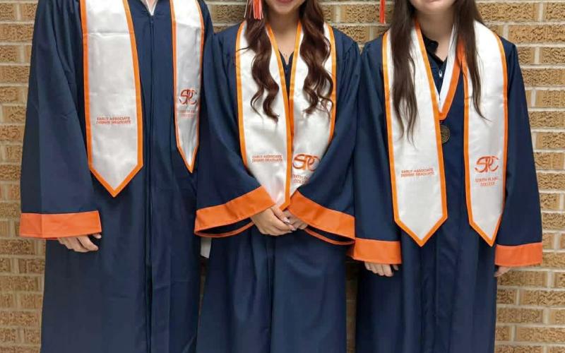 ACADEMIC EXCELLENCE Post High School seniors (from left) Maxximus Cole, Katelyn Ferguson and Harli Jo McClellan were recognized for earning both their high school diplomas and associate degrees through the school’s dual-credit program. The students walked the stage at South Plains College graduation ceremonies on Friday, May 8 and will graduate again with their Bold Gold classmates at Antelope Arena on May 21. | COURTESY PHOTO