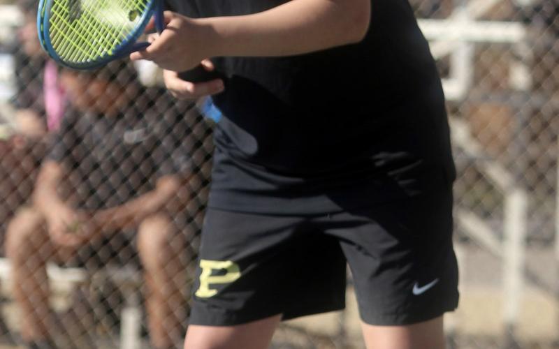 Bold Gold tennis athlete Sawyer Mackey is ready for the next shot during match play at South Plains College. | COURTESY PHOTO