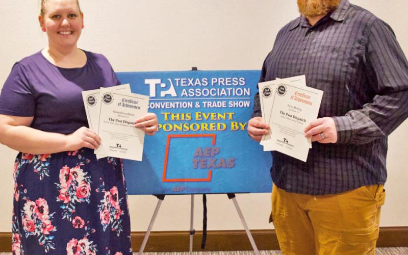 NEWSPAPER AWARDS In Division 10 (small-circulation weeklies), The Post Dispatch took 2nd place, General Excellence; 2nd Place, Sports Coverage; 3rd Place, Column Writing; and 3rd Place, News Writing. Managing Editor Anna Gibson and Operations Coordinator Paul Gibson accepted the awards at the 145th Texas Press Association Convention in Denton June 19-21. Full coverage for all of the group’s newspapers, see pages 7, 8. | COURTESY PHOTO
